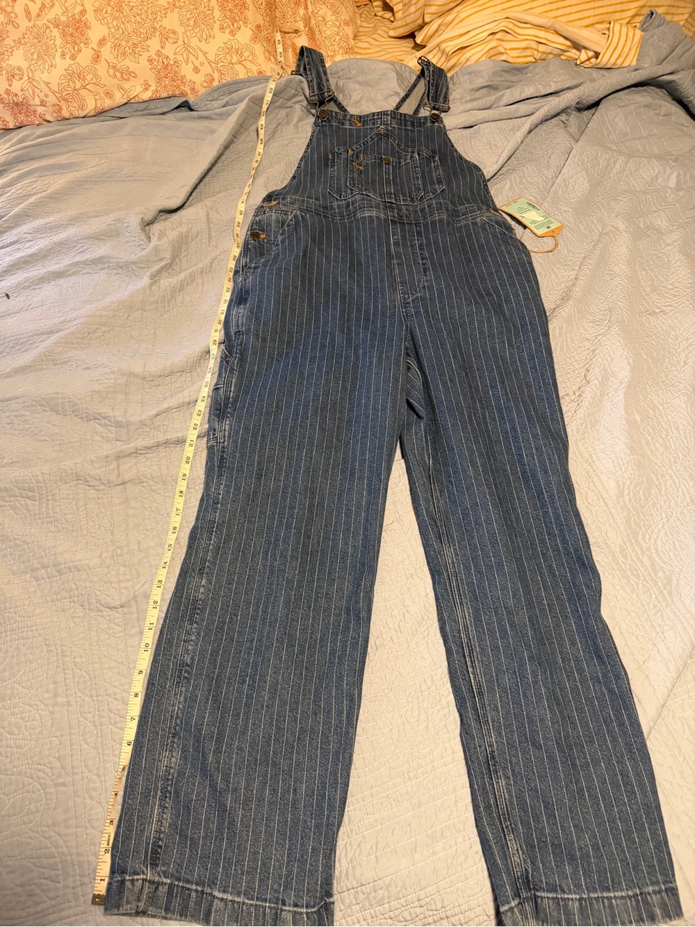 Women's Faherty Dark Blue Pinstripe Denim Overalls